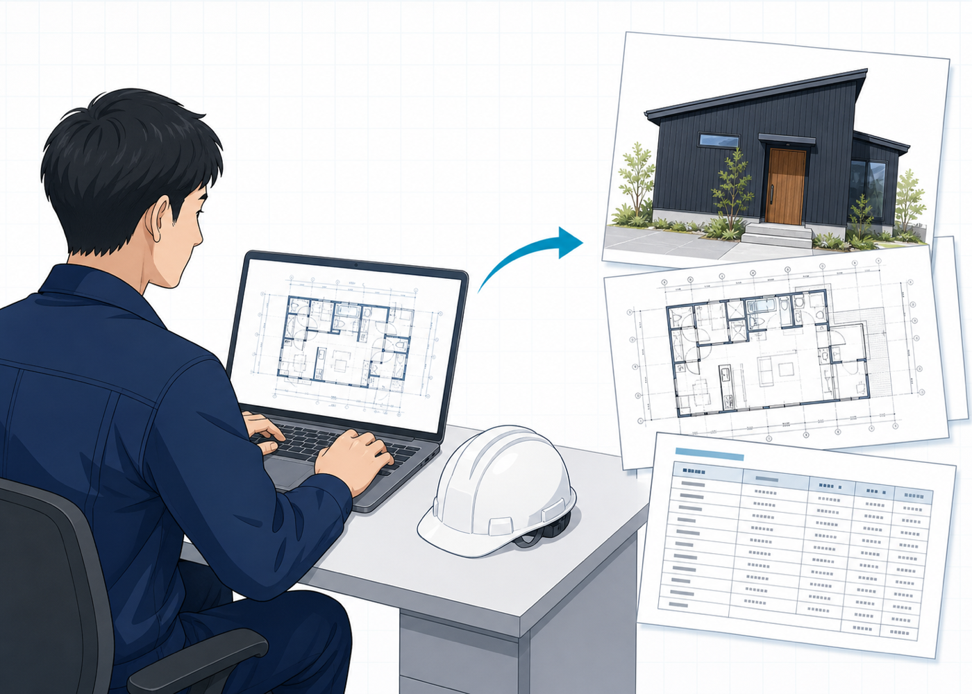 建設会社の担当者がパソコンに一行指示を出すと、外観パース・平面図・見積書ができあがる様子