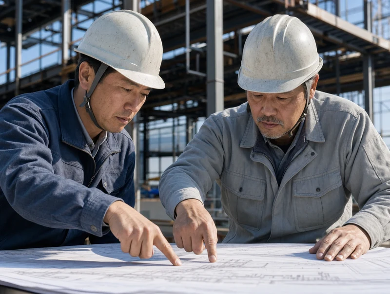 建設現場で図面を確認する2人の作業員