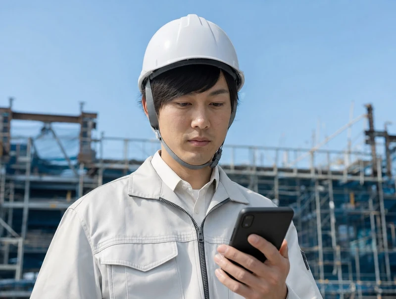 建設現場でスマートフォンを確認する若手作業員